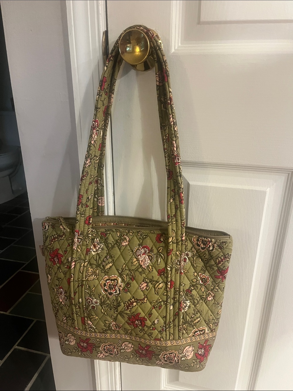 Quilted Floral Tote in Olive Green with Red Accents